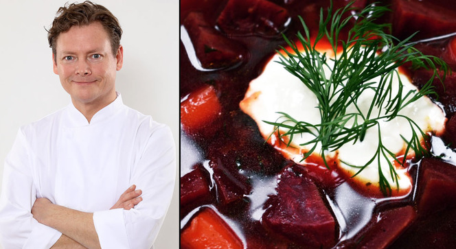 – Borsjtj är en rysk soppa med rödbetor, högrev, vikål och lök. Här gör vi den istället vegetarisk med en grönsaksbuljong i grunden, säger Henrik Dahlin från Sveriges kockar. 
