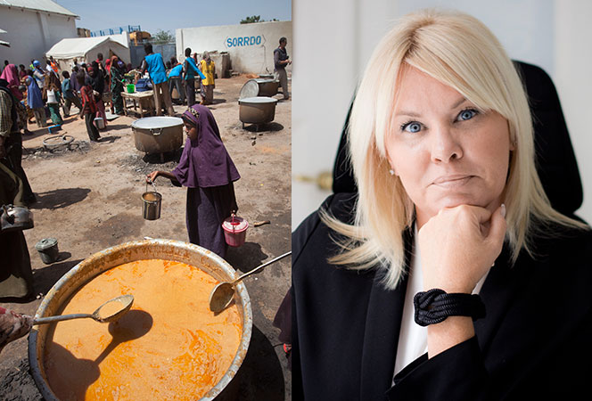 En FN-organiserad matutdelning i Somalia 2012, och kommunikatören Charlotte Wiback, som arbetat i många krisområden, bland annat för FN och WHO.