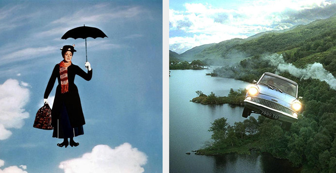 Mary Poppins tog sig runt med hjälp av ett paraply och Harry och Ron lyckades komma i tid till skolan med hjälp av en flygande bil. 